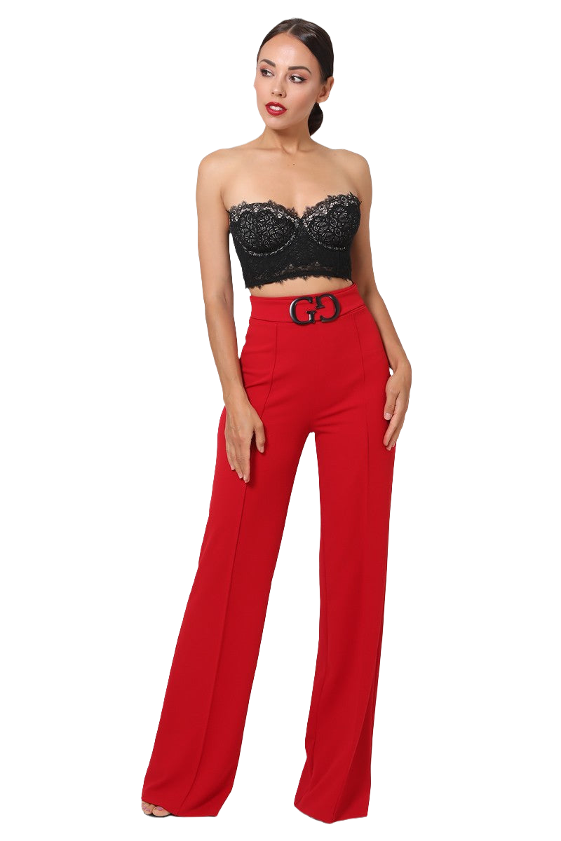 Double Reverse G Buckle Detail Pants Flared in Vibrant Red - Front-Line Design, Polyester-Spandex Blend - Sizes S/M/L