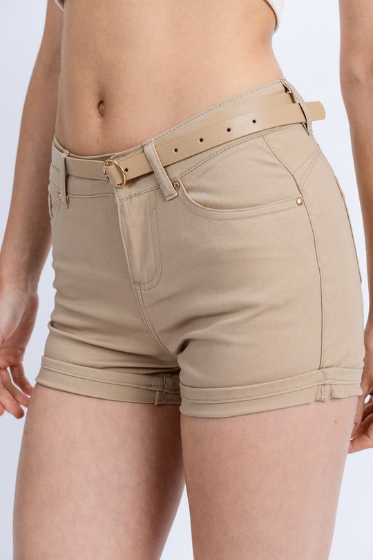 High Rise 5 Pockets Roll Up Hem Khaki Shorts - 97% Cotton (S, M, L)