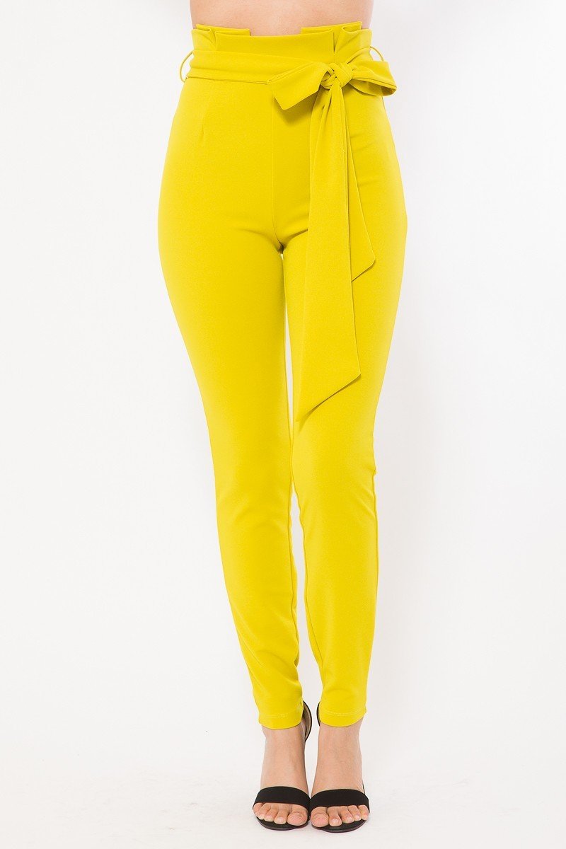 High Waist Skinny Pants in Vibrant Lime with Belt Detail