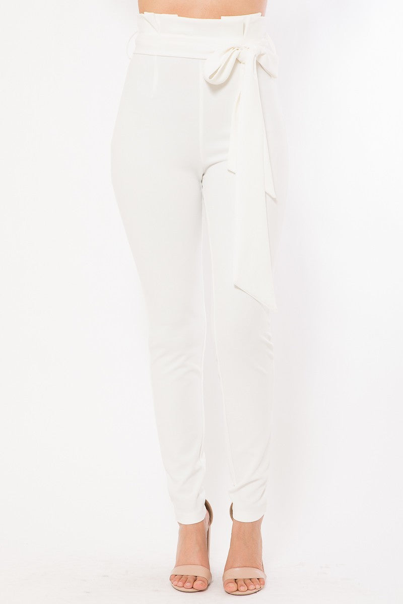High Waist Skinny Pants with Stylish Belt Detail & Versatile White Hue 