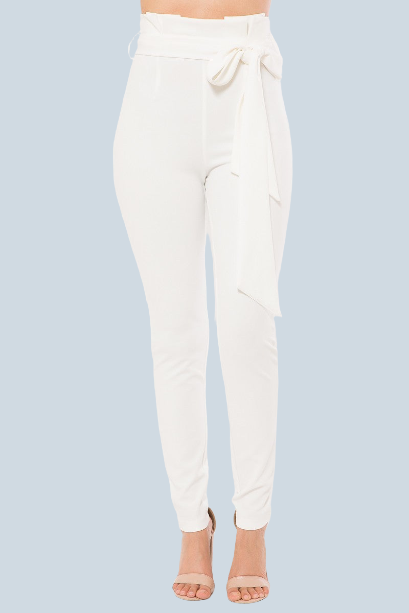 High Waist Skinny Pants with Stylish Belt Detail & Versatile White Hue