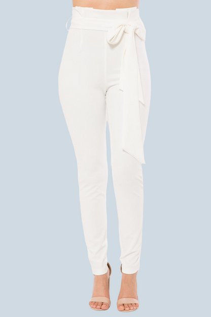 High Waist Skinny Pants with Stylish Belt Detail & Versatile White Hue