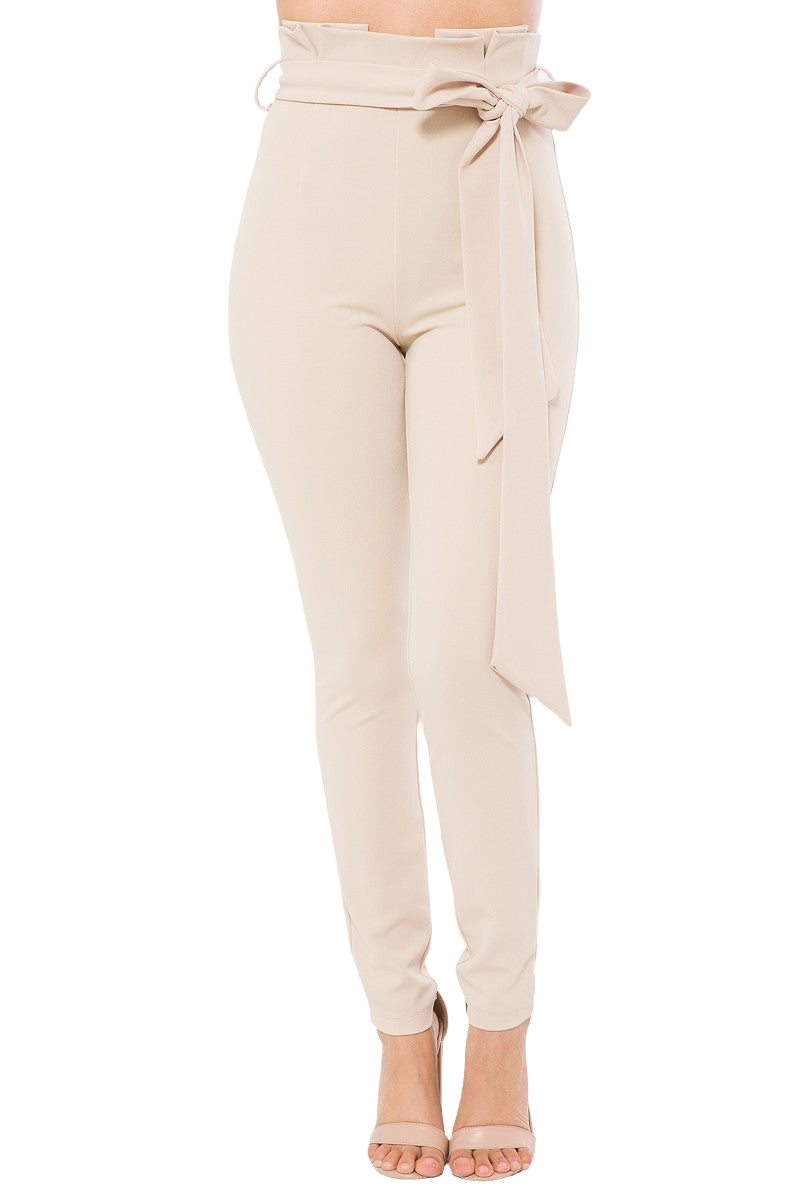 High Waist Skinny Pants with Stylish Belt Detail | Beige Polyester-Spandex Blend | Sizes S, M, L