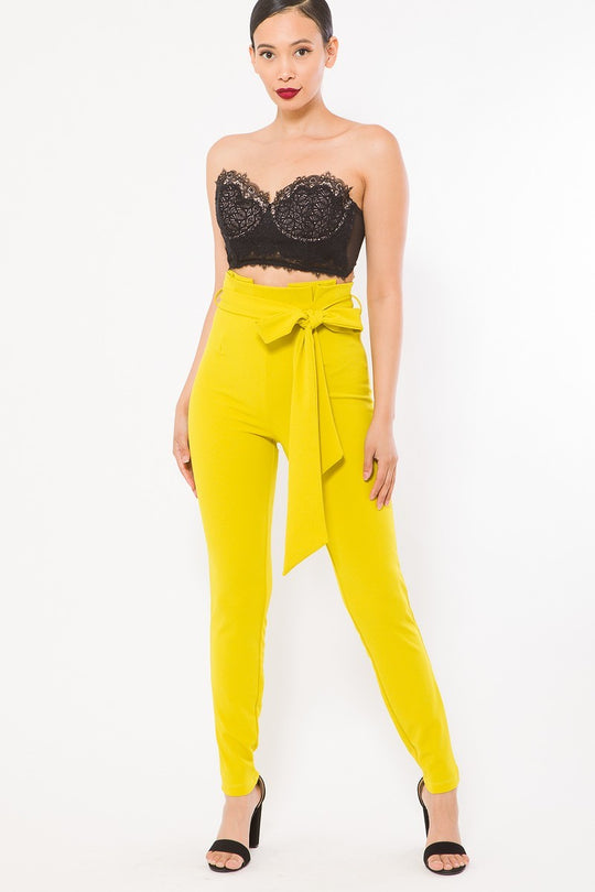 High Waist Skinny Pants in Vibrant Lime with Belt Detail