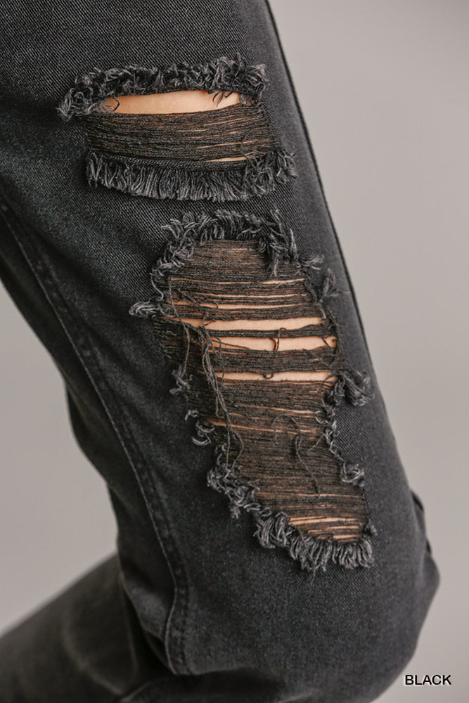 5-Pocket Black Distressed Denim Jeans with Raw Hem - Non-Stretch Straight Cut