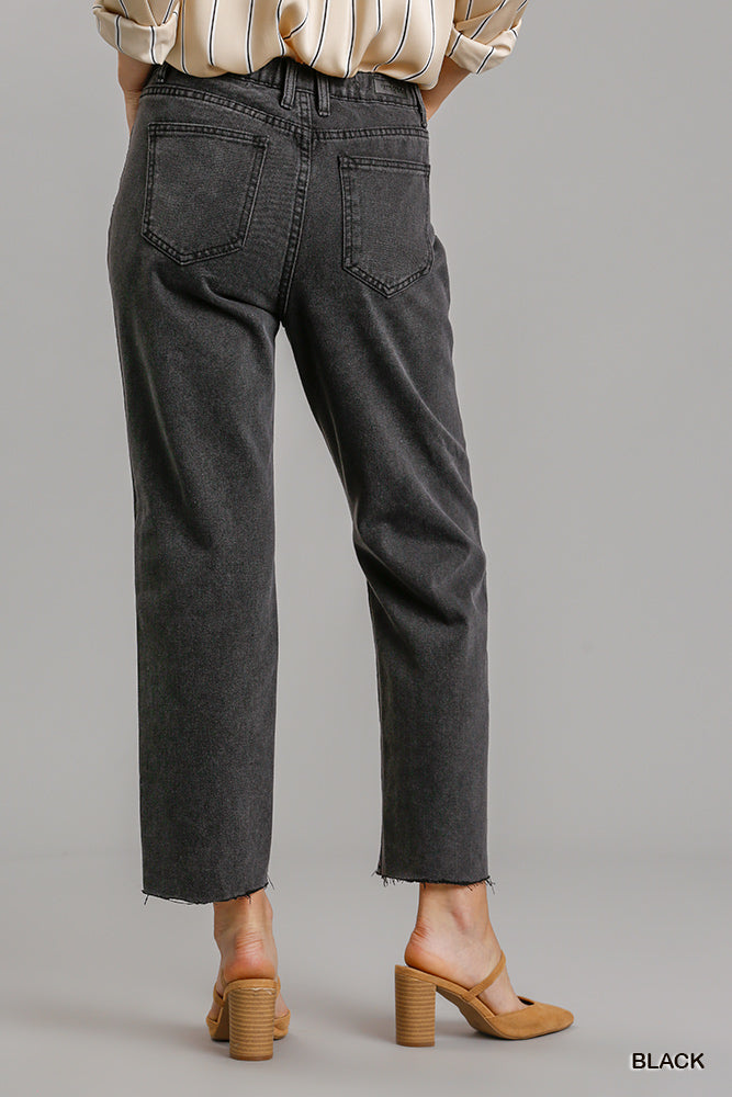 5-Pocket Black Distressed Denim Jeans with Raw Hem - Non-Stretch Straight Cut