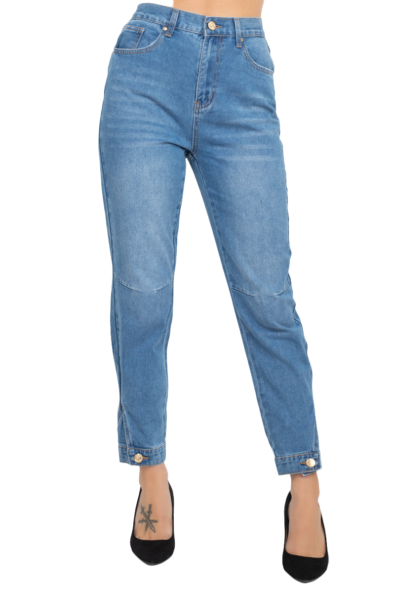 Cuffed-Button Mom Jeans: Capri-Length, High-Rise Waist & Cuffed Hem