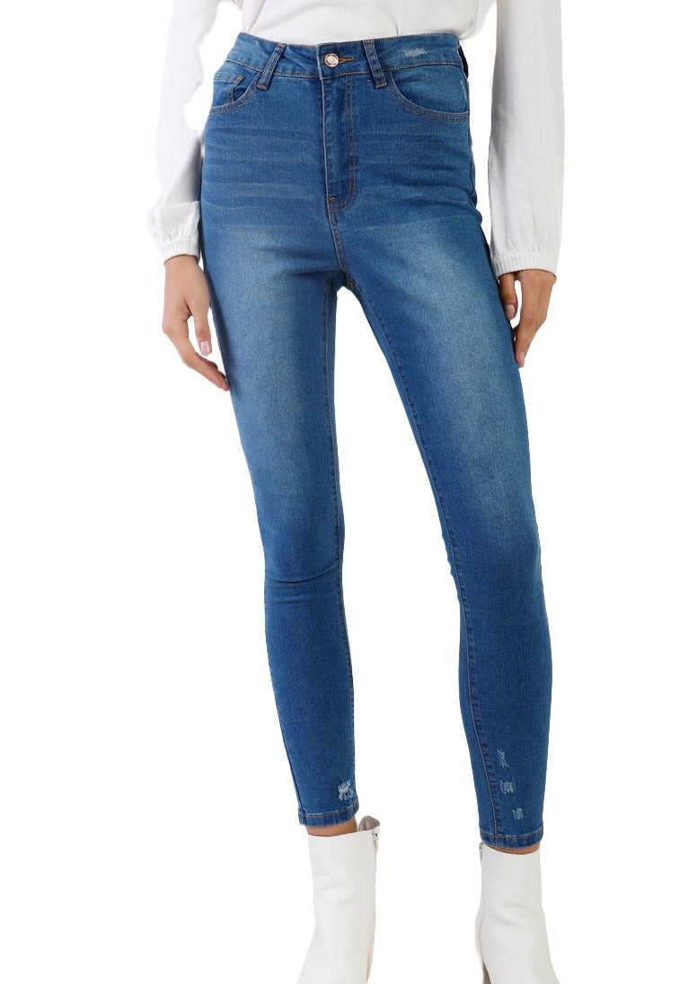 Mid Blue High Rise Ripped Skinny Denim Jeans for Women