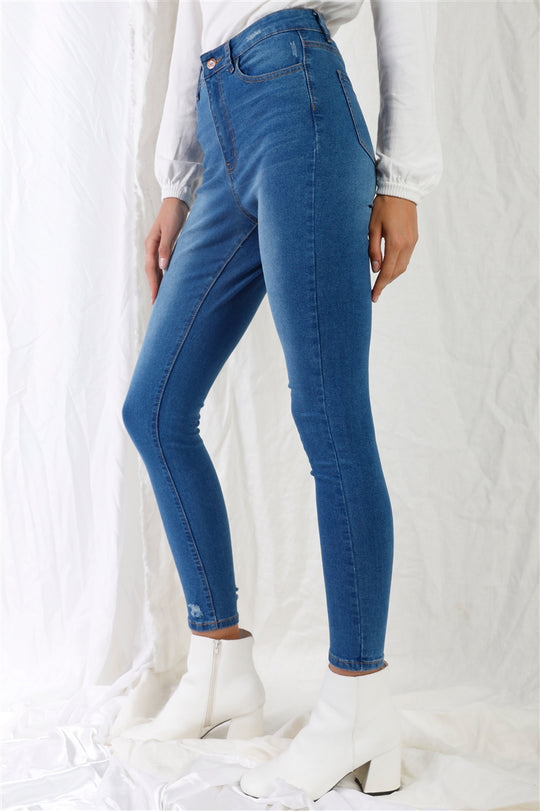 Mid Blue High Rise Ripped Skinny Denim Jeans for Women