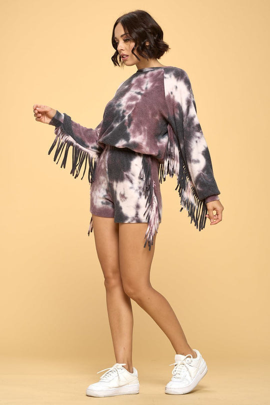 Casual Tie Die Print Top And Shorts Set with Fringe Sleeves & Elastic Waistband in Black/Burgundy