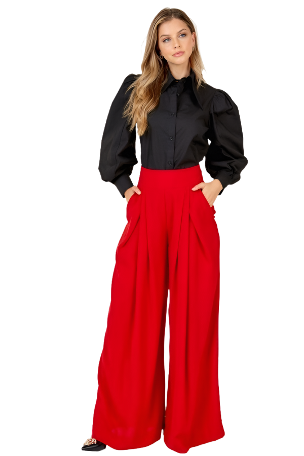 High Waist Palazzo Pants in Red - Wide-Leg Style & High-Waisted Silhouette - Lightweight 100% Polyester - S, M, L Sizes
