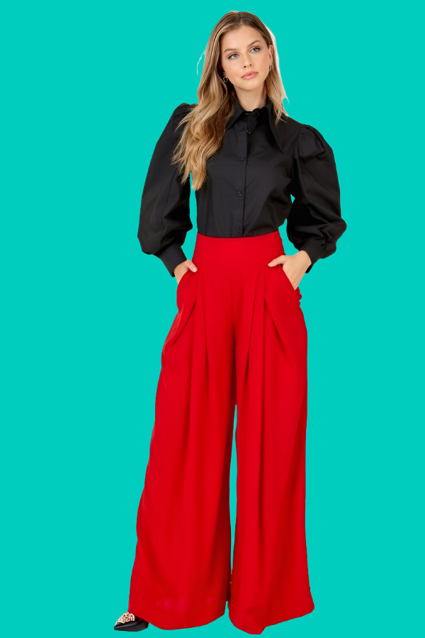 High Waist Palazzo Pants in Red - Wide-Leg Style & High-Waisted Silhouette - Lightweight 100% Polyester - S, M, L Sizes