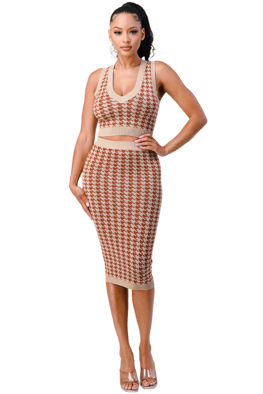 Luxe Gingham Rib Knit Top & Skirt Set in Taupe/Brown - Sizes S, M, L