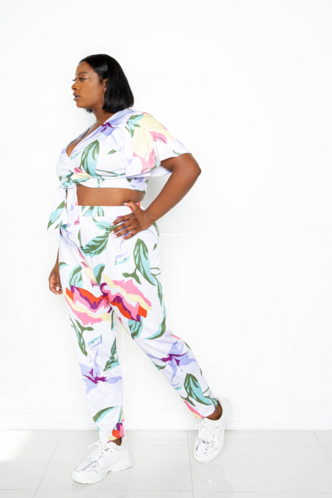 Floral Vibes Jogger & Top Set in Multi/White - Stretchy Fabric, Plus Sizes