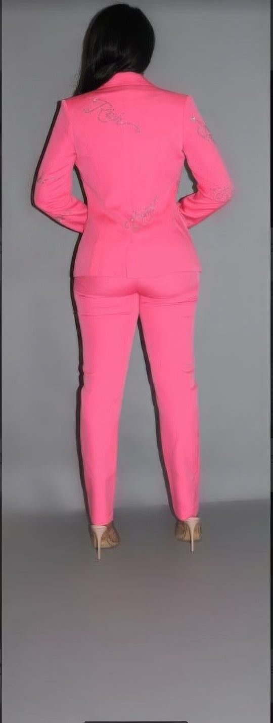 the back of a person in a pink suit