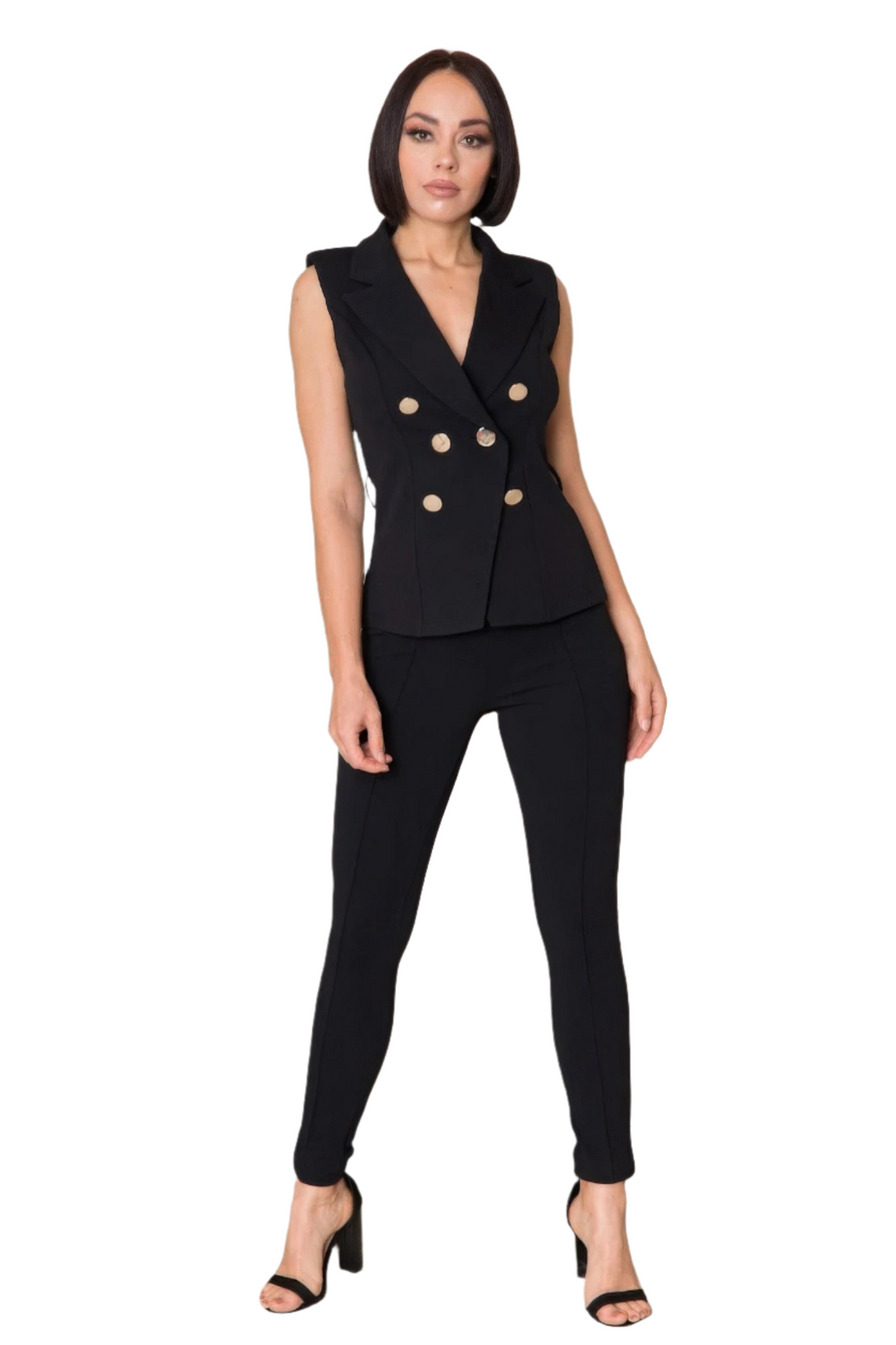 Elegant Black Jacket Top and Skinny Pants Set , 95% Polyester