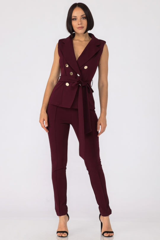 Fashion Jacket Top with Tie Belt & Slim Pants Set in Wine - Comfort Blend & Stylish Silhouette