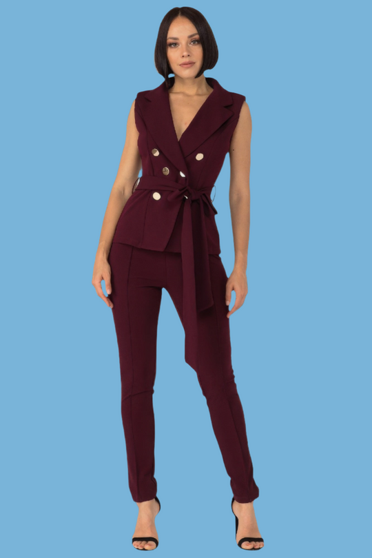 Fashion Jacket Top with Tie Belt & Slim Pants Set in Wine - Comfort Blend & Stylish Silhouette