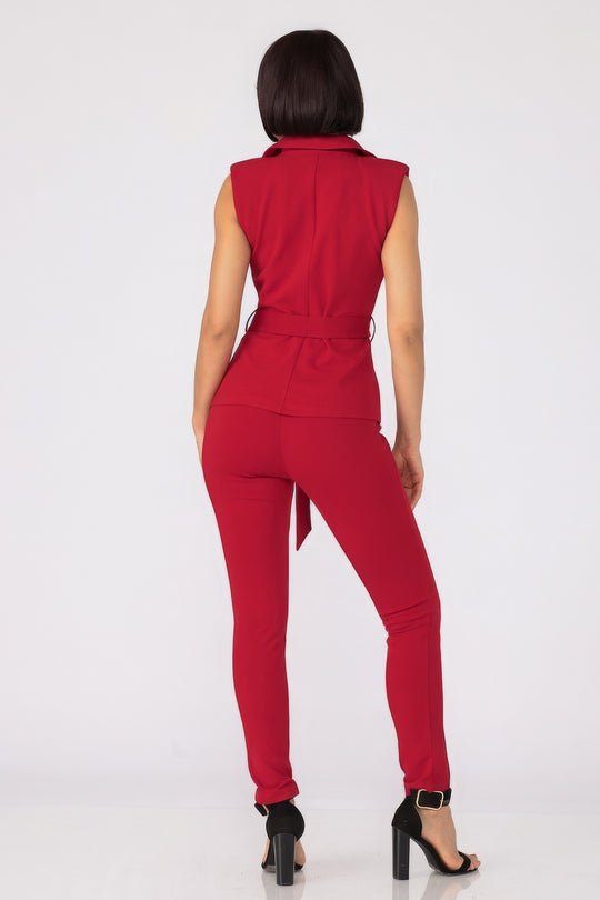 Fashion Top and Pants Set in Red - Button Accent Jacket and Skinny Pants