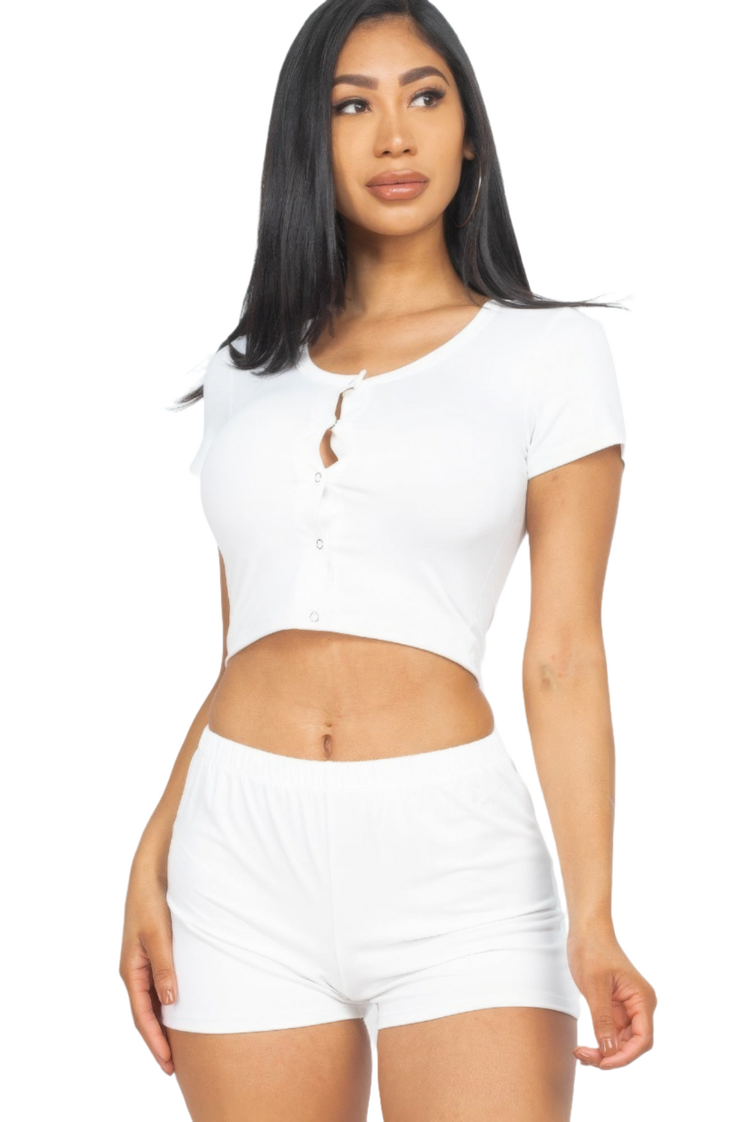 Cropped Tank Top and Shorts Set in White with Soft High-Stretch Fabric