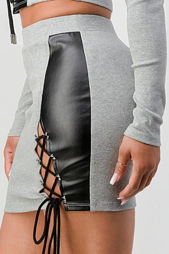 2 Piece Set in Grey with PU Leather Detail Cropped Shirt and Mini Skirt