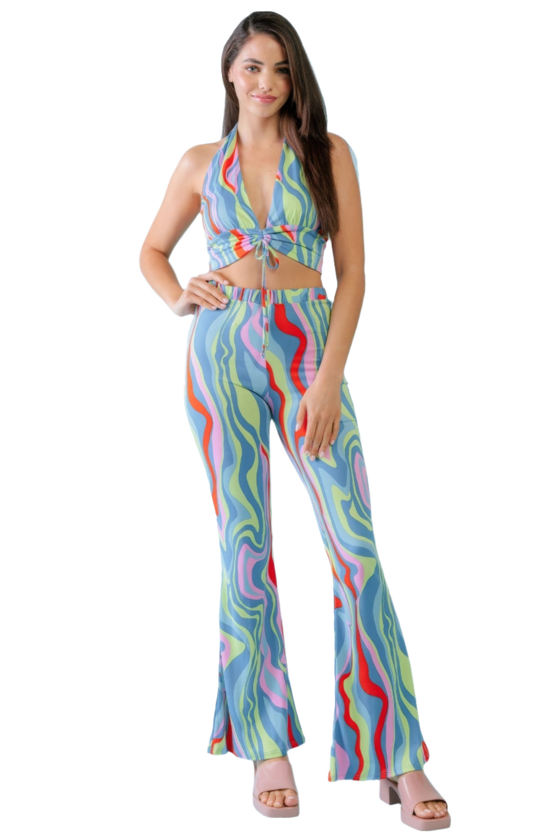 Multicolor Abstract Print Halter V-neck Ruched Open Back Crop Top & High Waist Pants Set