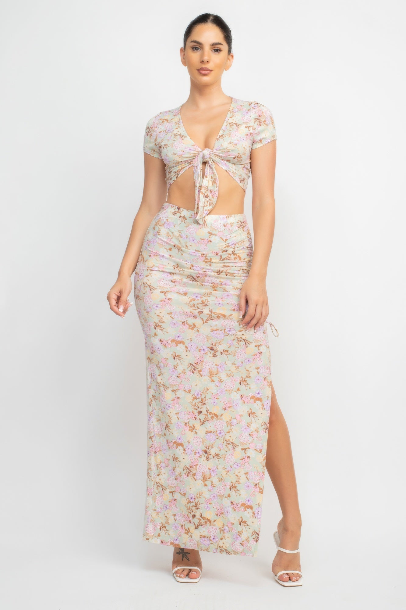 Front Knot Baby Sage Floral Top & Ruched Maxi Skirt Set