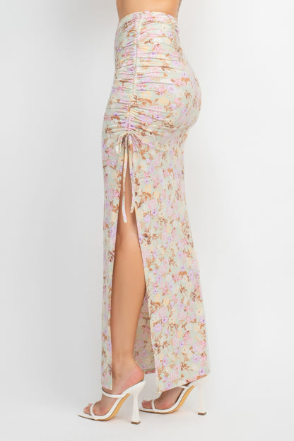 Front Knot Baby Sage Floral Top & Ruched Maxi Skirt Set