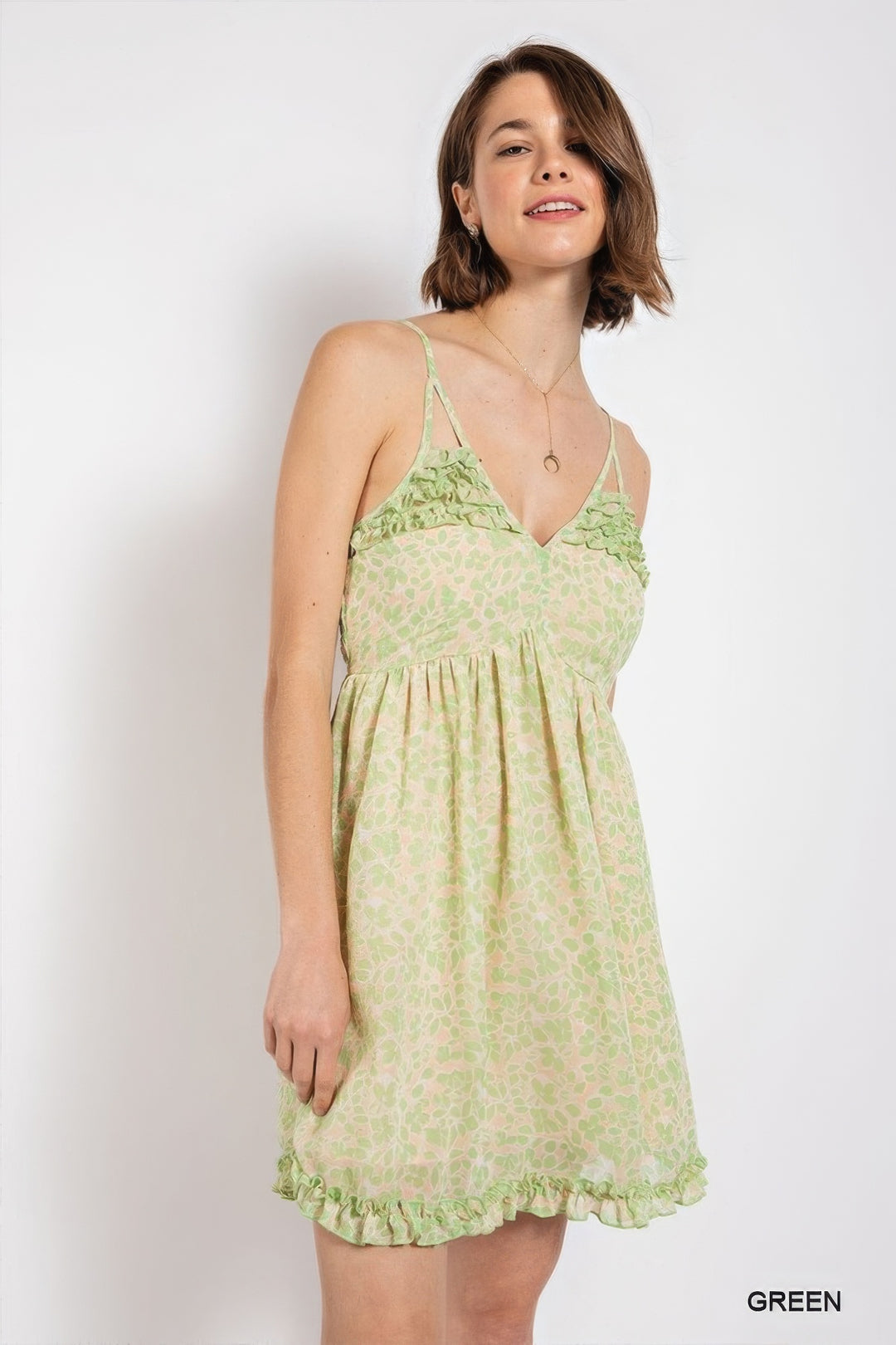 Floral Print V-Neck Dress with Skirt Lining - Elegant Green Design - Sizes S, M, L.