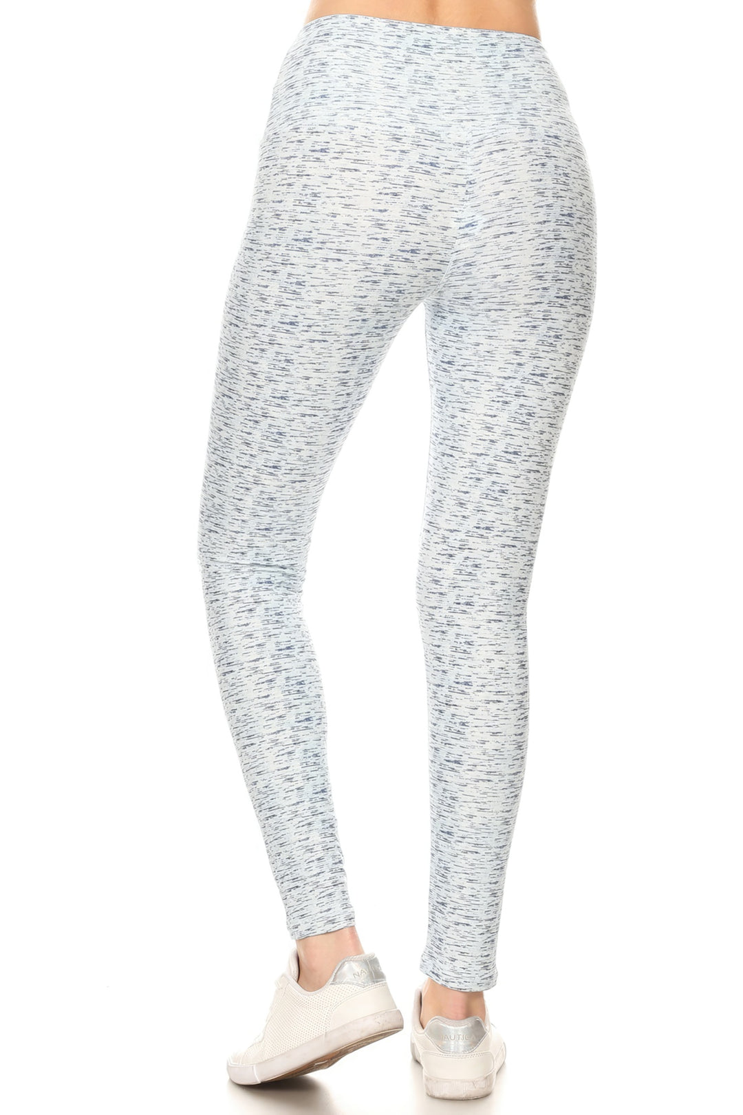 a person in white and blue patterned leggings