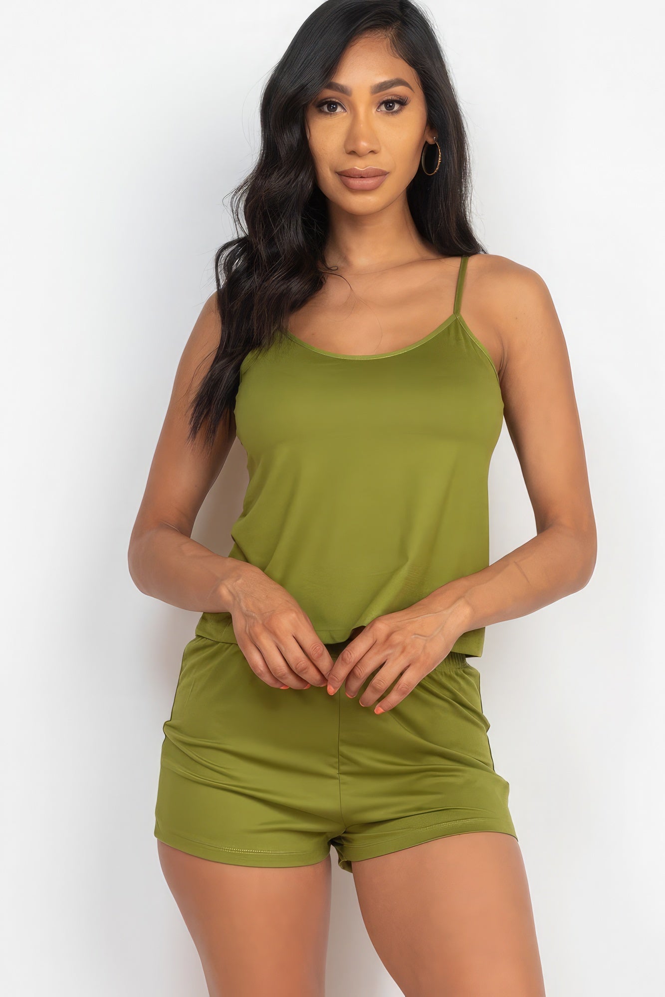Olive Branch Sleeveless Cami Top & Shorts Set for Women - High-Stretch Jersey Blend, Sizes S, M, L