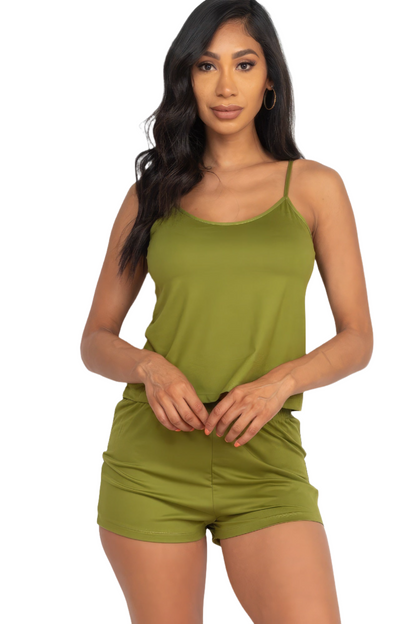 Olive Branch Sleeveless Cami Top & Shorts Set for Women - High-Stretch Jersey Blend, Sizes S, M, L