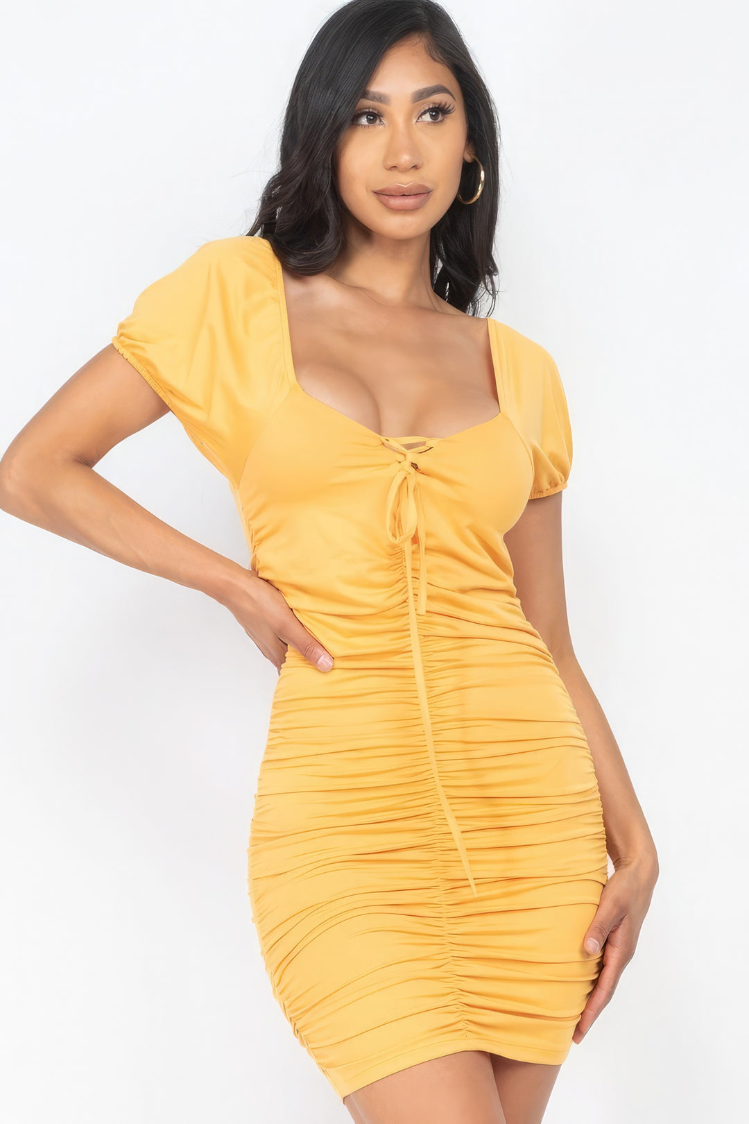 Lace-Up Ruched Mini Dress with Front Detail for Women in Amber - Sizes S/M/L