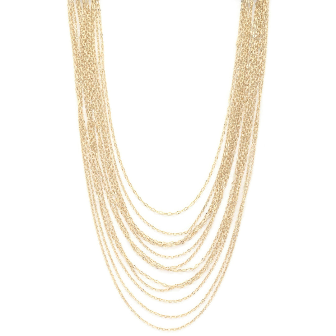 a multi strand of gold chain necklace on a white background