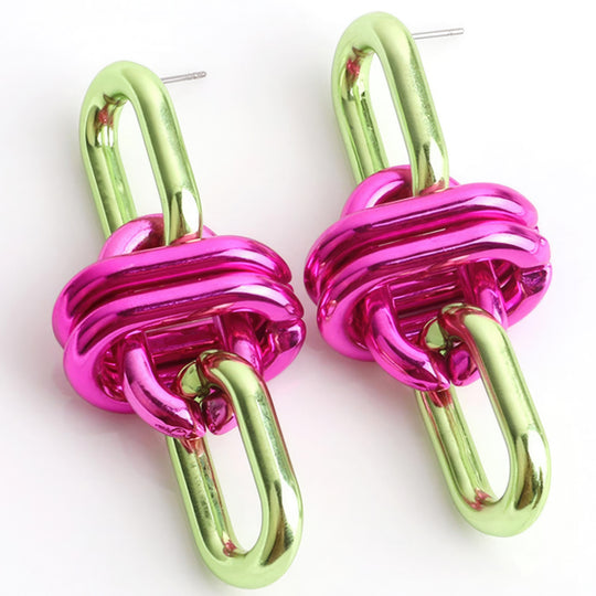 Color Metal Oval Link Earring pink