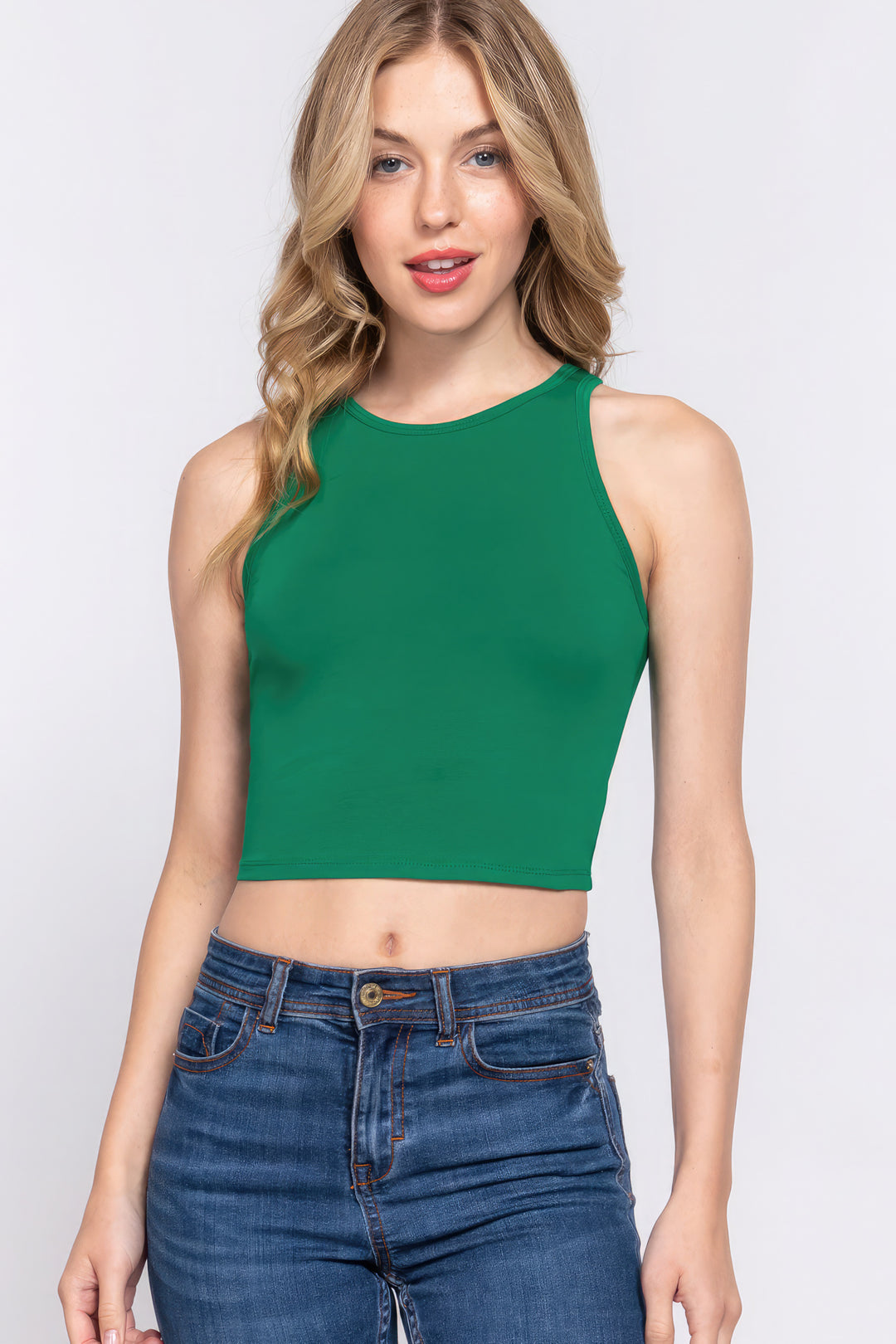 Deep Green Halter Neck Crop Top | Polyester-Spandex Blend, Trendy Design - Sizes S-L