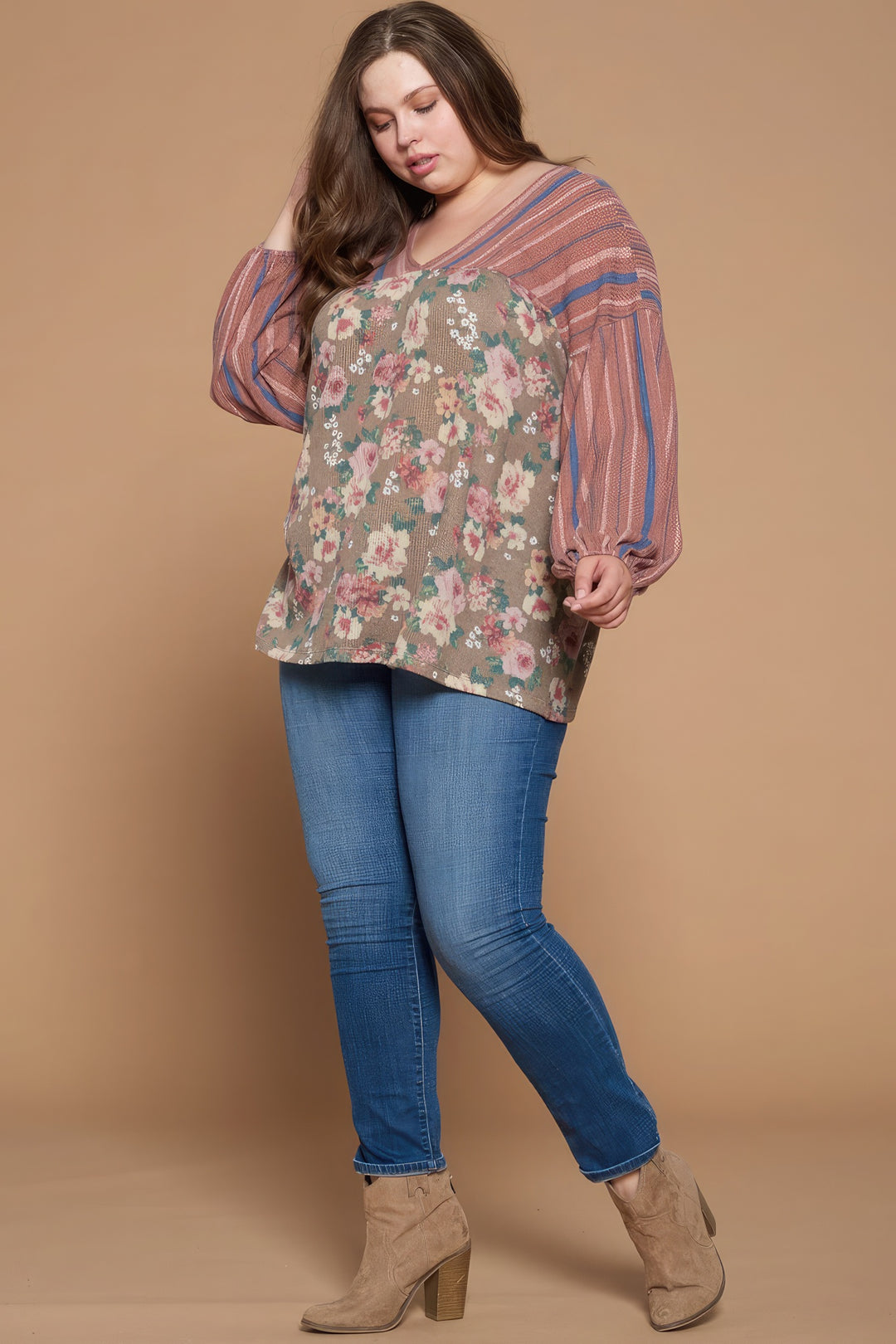 Floral Printed Knit Top with Puffed Sleeves & V-Neck - Luxe Marsala Fabric - Size Options 1XL/2XL & 2XL/3XL