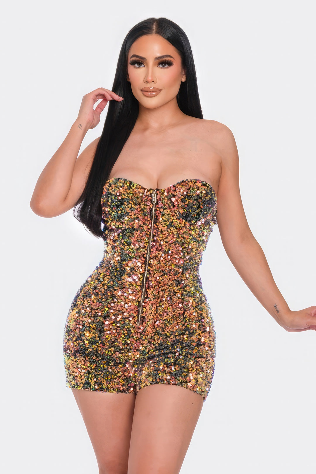 Multi Sequins Strapless Gold & Green Tube Top Romper with Illusion Neckline & Gold Zipper