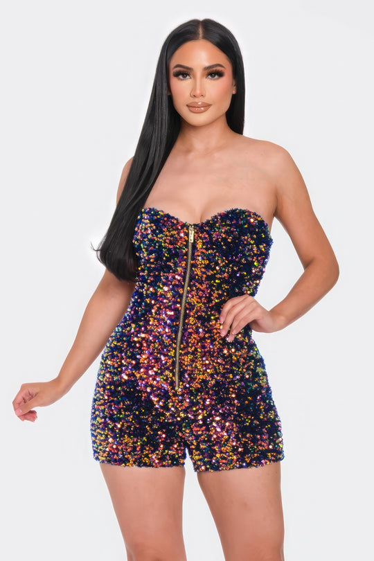 Multi Sequins Strapless Navy & Gold Tube Top Romper with Illusion Neckline & Gold Zipper