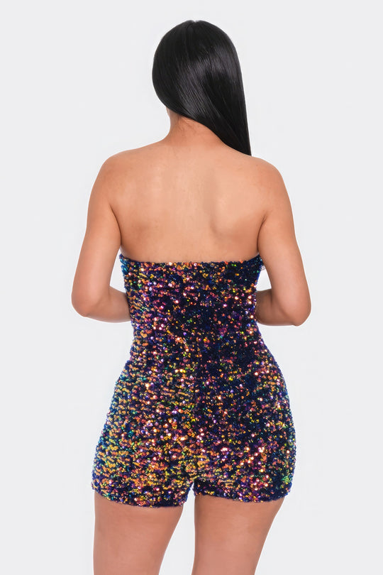 Multi Sequins Strapless Navy & Gold Tube Top Romper with Illusion Neckline & Gold Zipper