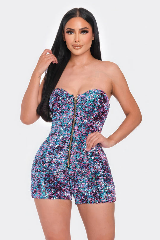 Multi Sequins Strapless Blue & Pink Tube Top Romper with Illusion Neckline & Gold Zipper