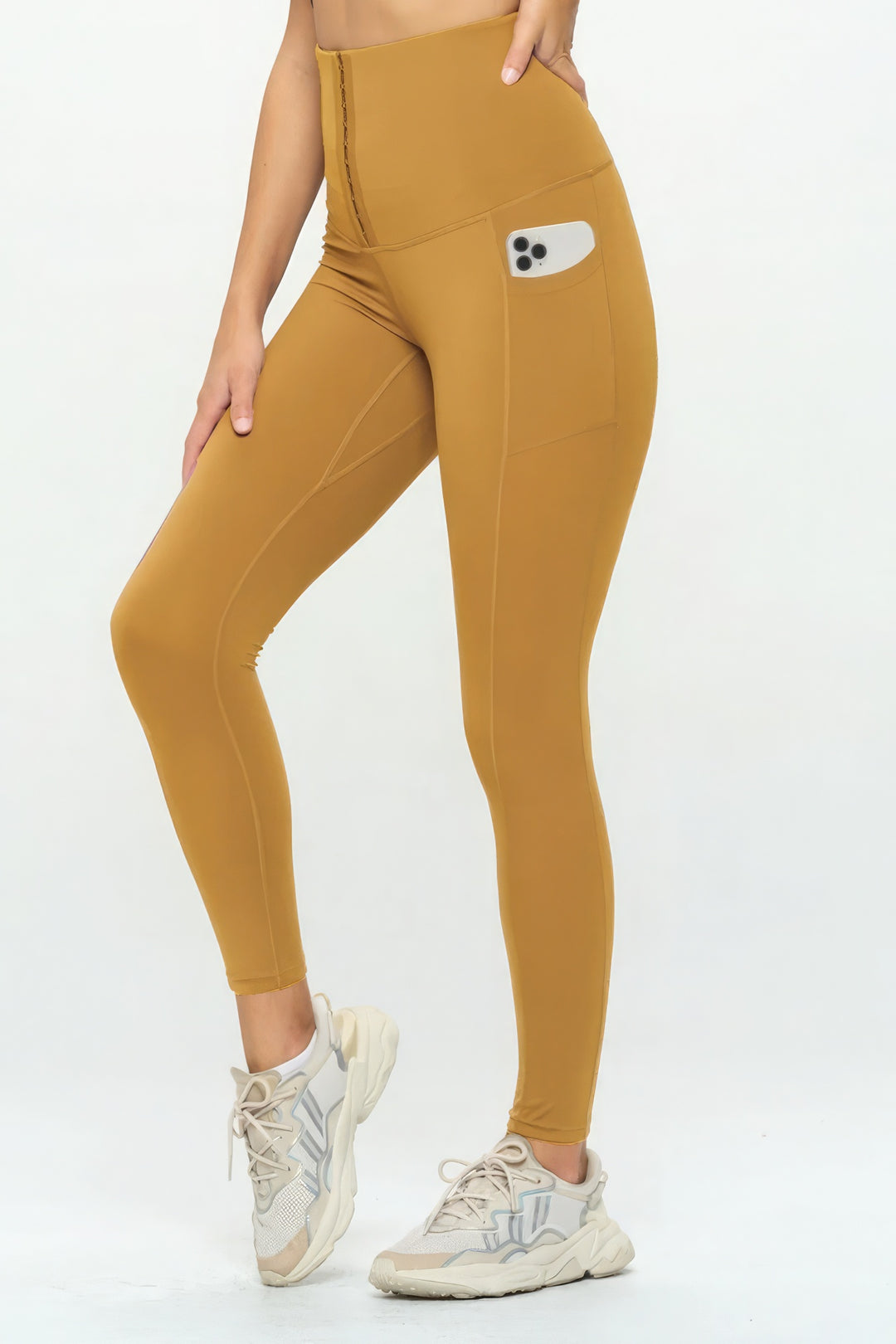 Mustard Fashion Yoga Body Shaper Legging with Cellphone Pockets & Hooks Closure