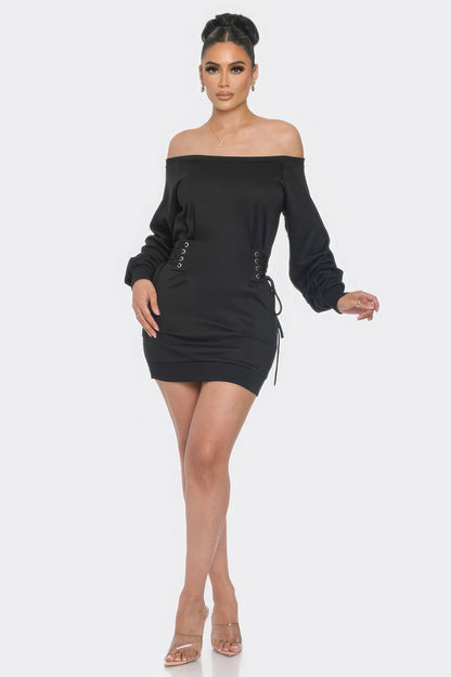 Off-Shoulder Black Mini Dress with Side Lace-Ups & Puff Sleeves
