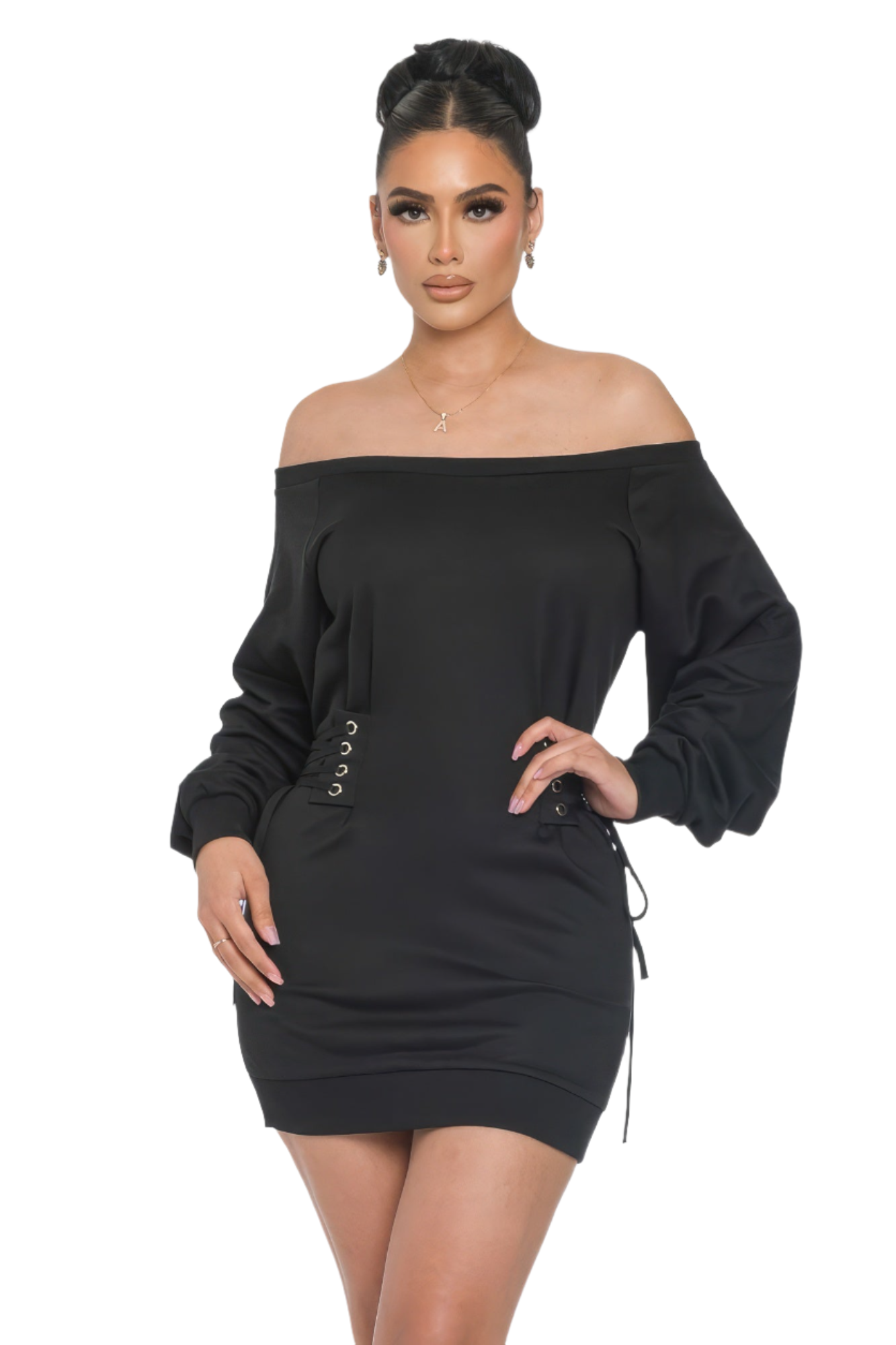 Off-Shoulder Black Mini Dress with Side Lace-Ups & Puff Sleeves