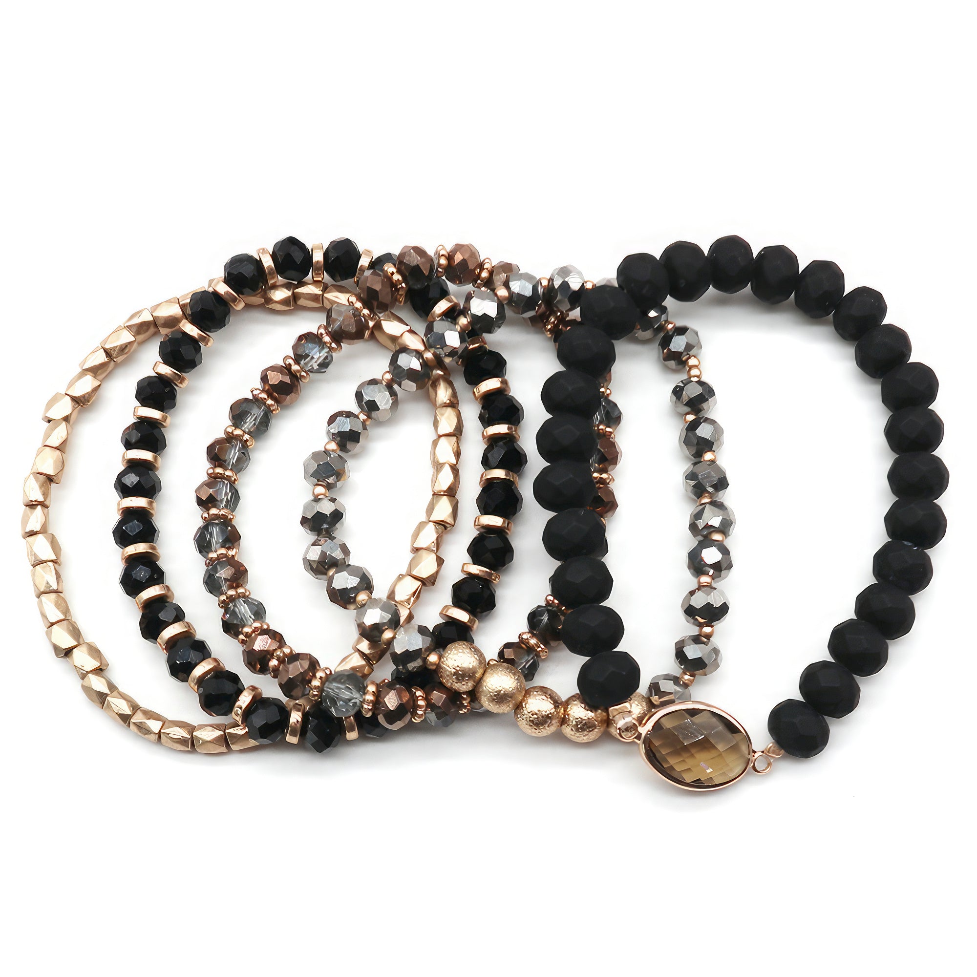 Multi Bead Stretch Bracelet Set with Black, Natural & Mint Beads