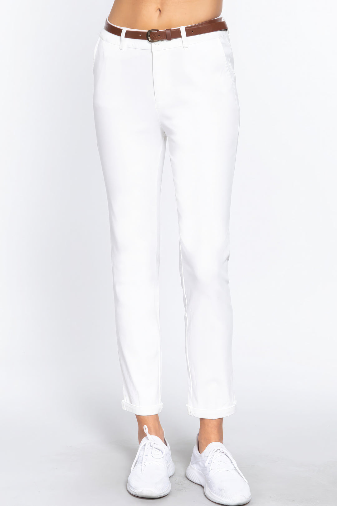 Cotton-span Twill Belted Long Pants with Belt | Comfort Fit, Off White, Sizes S-L