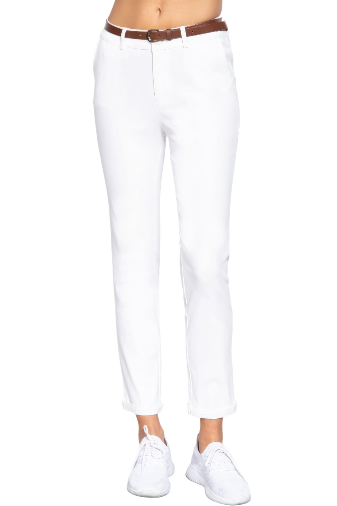 Cotton-span Twill Belted Long Pants with Belt | Comfort Fit, Off White, Sizes S-L