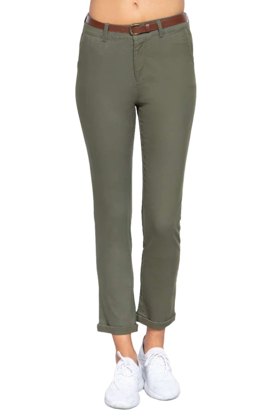 Cotton-Span Twill Belted Long Pants in Olive Oil with Stylish Belt