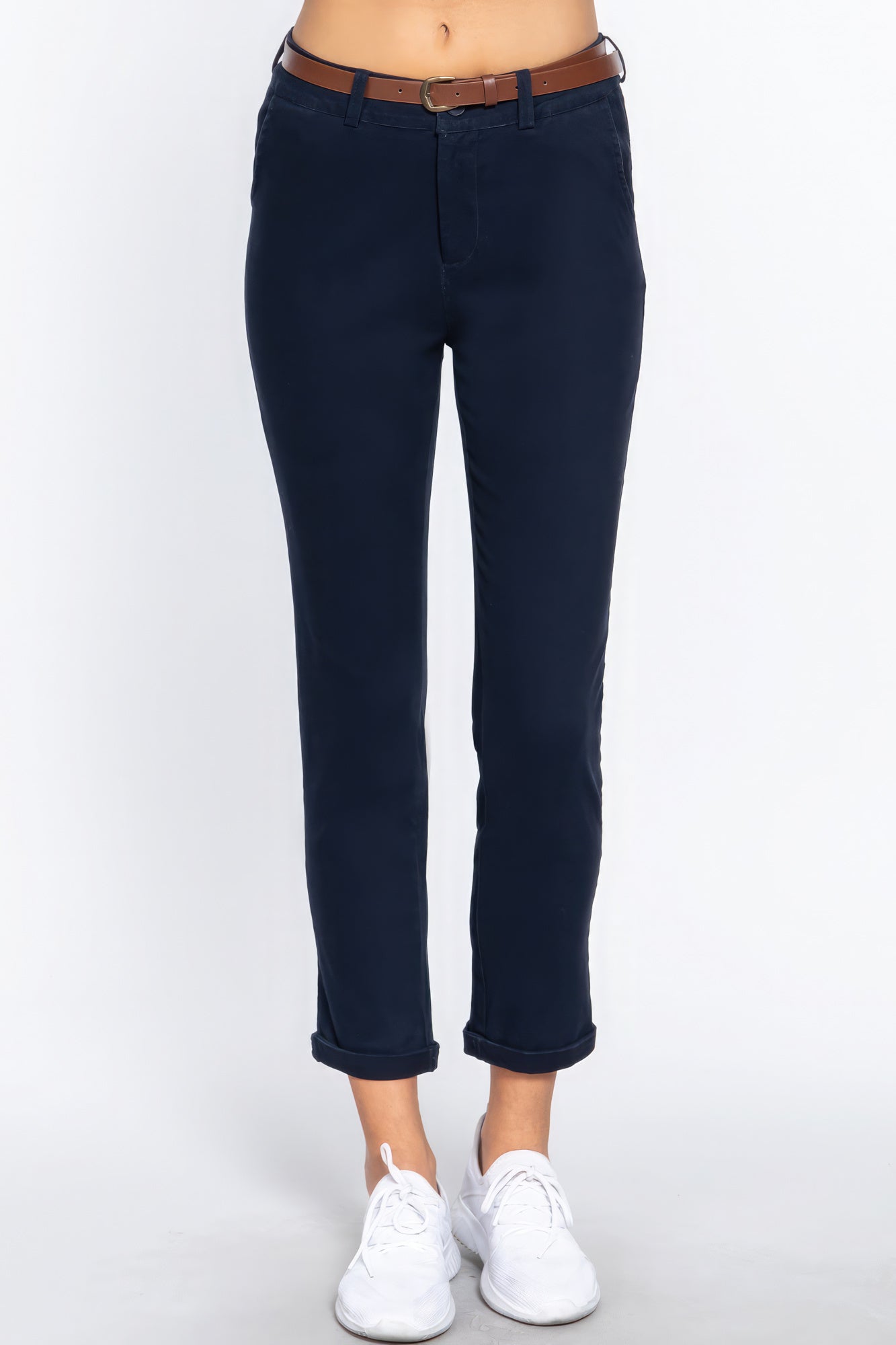 Cotton-span Twill Belted Long Pants: Women's Stretch Dark Navy Trousers with Belt