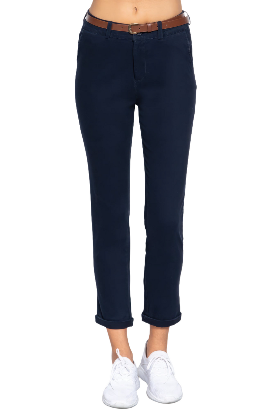 Cotton-span Twill Belted Long Pants: Women's Stretch Dark Navy Trousers with Belt